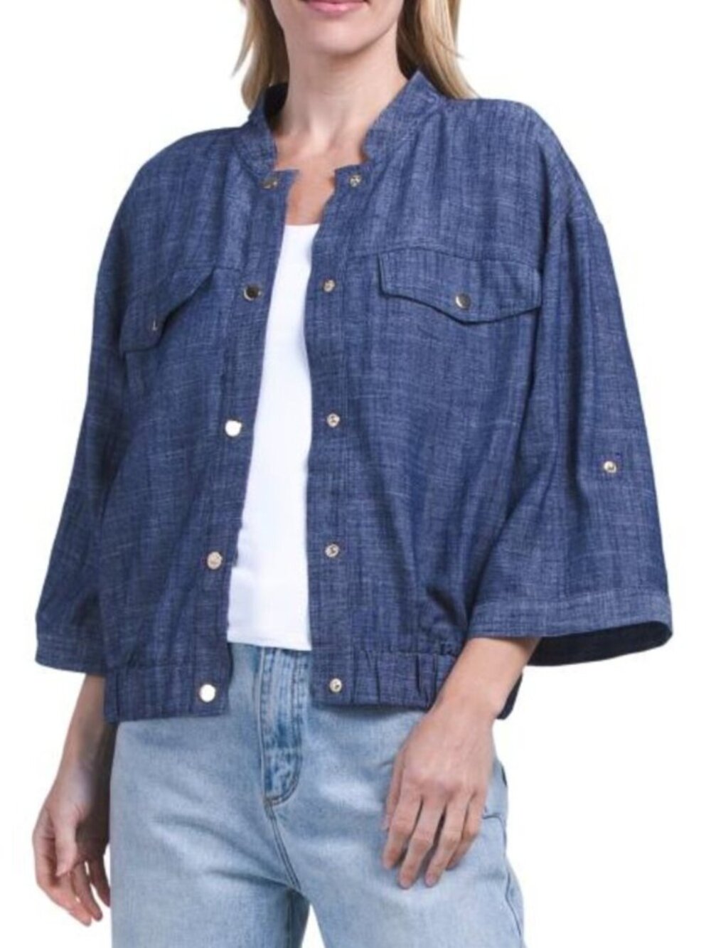 ELLEN TRACY Linen Blend Three-quarter Sleeve Chambray Bomber